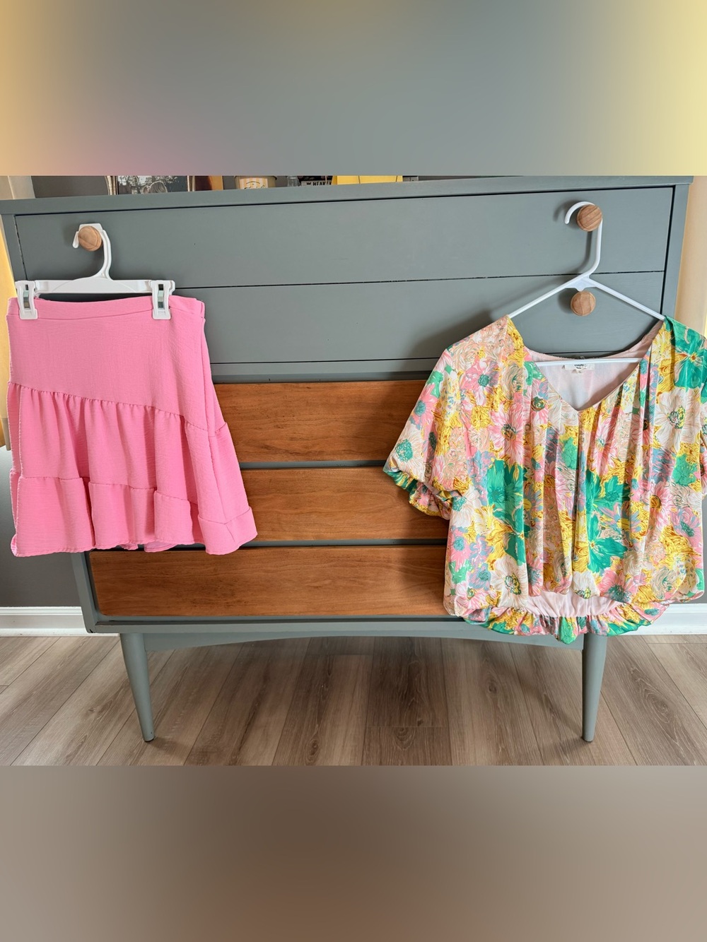 Entro Floral Puff-Sleeve Top - Pink, Yellow & Green & Pink Skirt